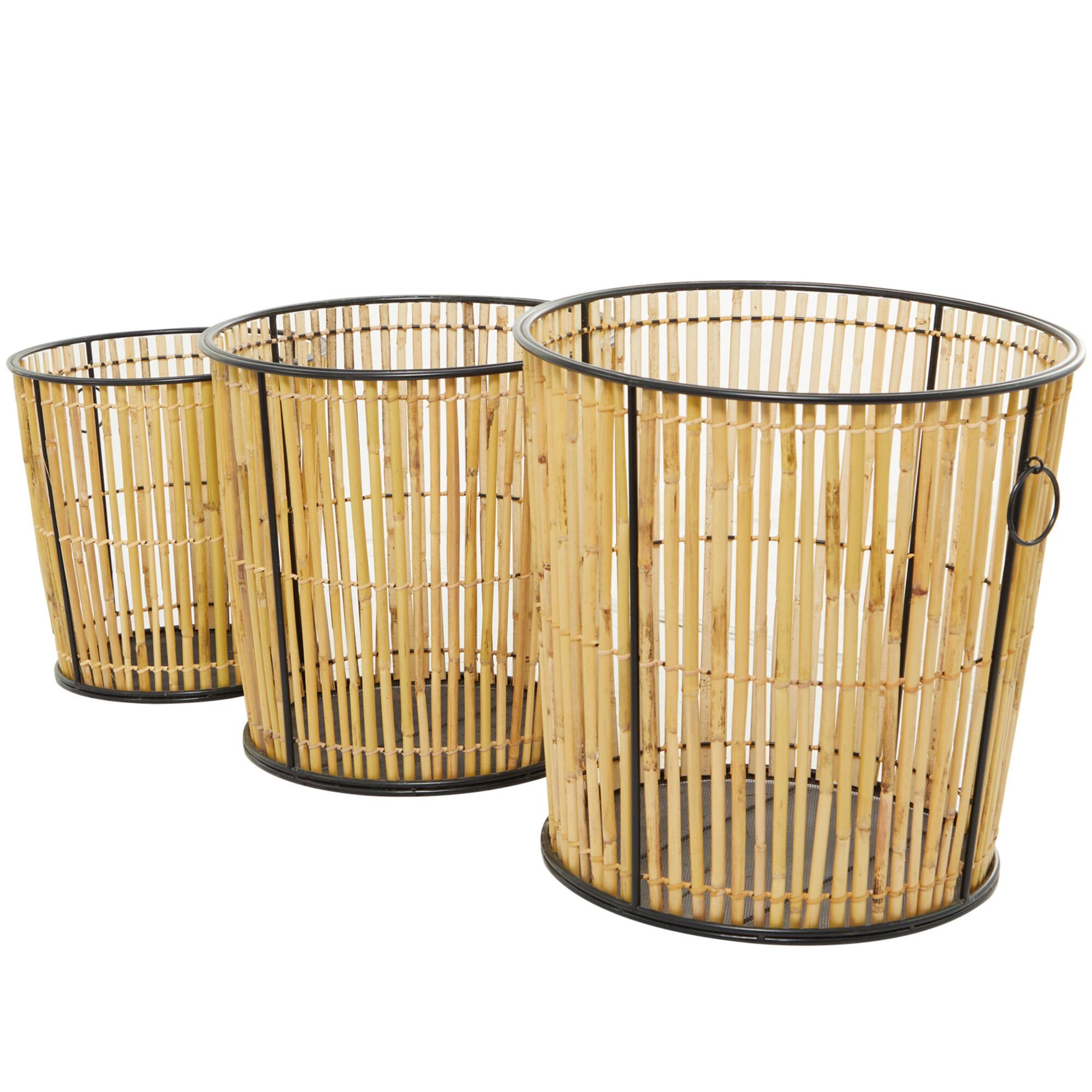 Light Brown Rattan Handmade Slatted Frame Storage Basket with Ring Handles Set of 3 20", 18", 15"